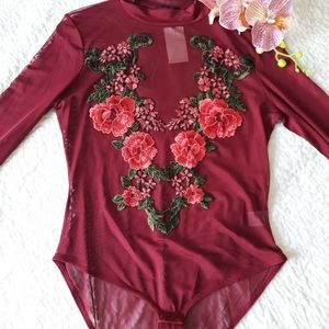 🆕️• Wine Floral Mesh Bodysuit •